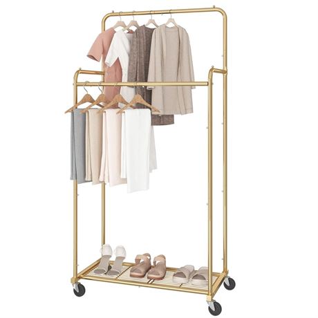 Simple Trending Double Rod Clothes Garment Rack, Heavy Duty Clothing Rolling