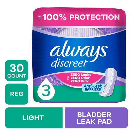 Always Discreet Incontinence Pads for Women, Light Absorbency, Regular Length,