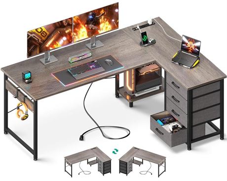 AODK L Shaped Desk with 4 Tier Drawers, 61" Reversible Gaming Desk with Power