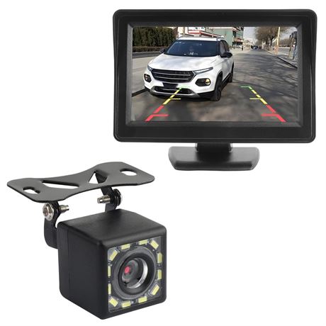 Plug & Play Backup Camera with Monitor 4.6'',12 LED HD Rearview Mirror Camera