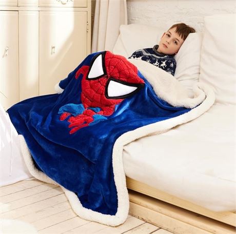 Kids Spiderman Throw Blanket, Signed Jointly 3D Cartoon Embroidery Sherpa