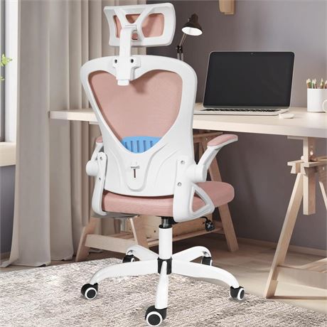 MUZII Pink Office Chair, Office Chair with Headrest, Ergonomic Mesh Office