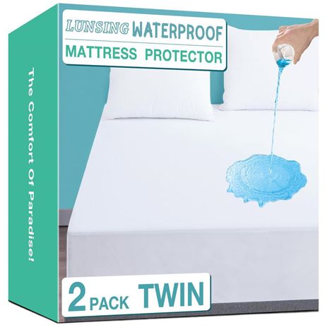 2 PACK Lunsing Twin Mattress Protector Waterproof, 2 Pack Noiseless,