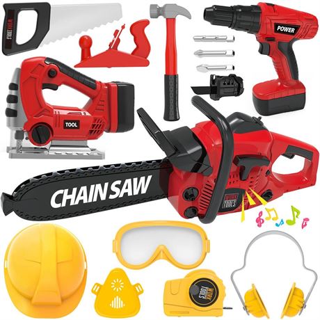 Kids Tool Set with Electric Toy Drill Chainsaw Jigsaw Toy Tools, Realistic Kids