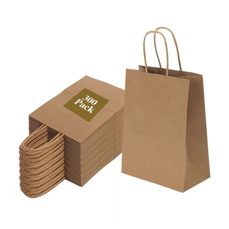 250 Pack 6x3.25x8 Inch Small Brown Paper Bags with Handles Bulk, Kraft Paper