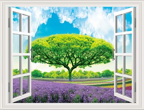 3D Self-Adhesive Painting Fake Window Wall Stickers Tropical Island with Palm