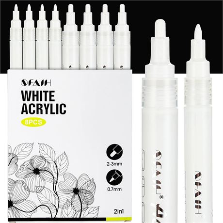 Acrylic White Paint Pens - 8 Pack 2-3MM Medium Tip & 0.7MM Extra Fine White