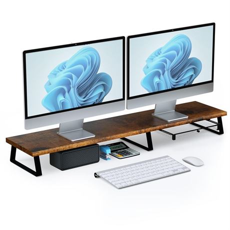 Desktop Dual Monitor Stand Riser - Wood Monitor Stand for 2 Monitors, Computer