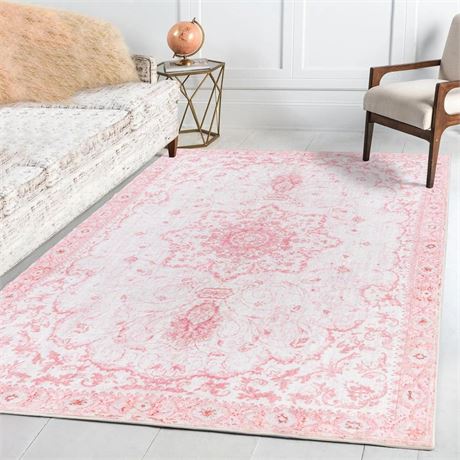 Area Rug - Vintage 5'x7' Honeycomb Non-Slip Backing Area Rugs Pink Soft Faux