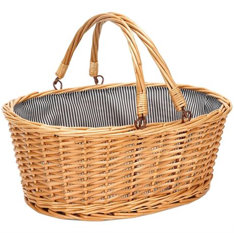 Wicker Picnic Basket with Double Folding Handles, Natural Large Willow Hamper