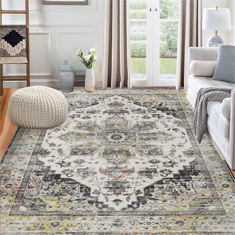 COZYLOOM Machine Washable Area Rug 6x9 Vintage Distressed Rug Retro Medallion