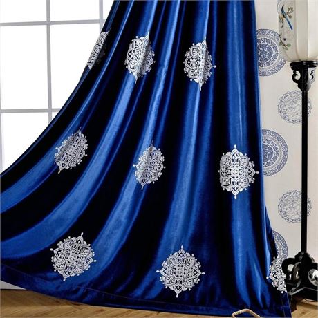 VOGOL Blue European Style Embroidered Elegant Curtains, Floral Pattern Velvet