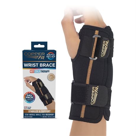 Copper Fit® RAPID RELIEF Wrist Brace | Hot & Cold Gel Pack | Adjustable | Left