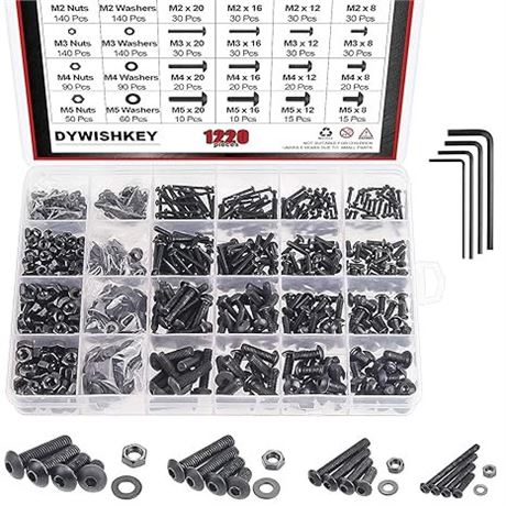 DYWISHKEY 1220 Pieces M2 M3 M4 M5, 10.9 Grade Alloy Steel Hex Button Head Cap