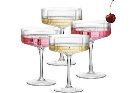 4 Pcs Ribbed Coupe Glasses, 10 oz Vintage Cocktail Coupe Glasses Set, Unique
