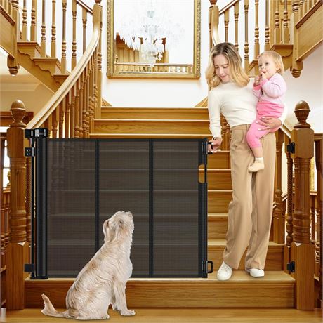 Reinforced Retractable Dog Gate for Stairs 55 Inch Adjustable Brackets and