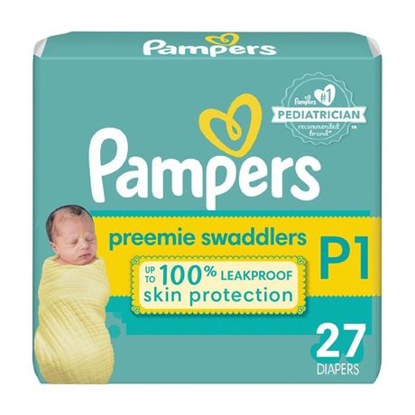 Pampers Swaddlers Diapers Preemie - Size P1, 27 Count, Ultra Soft Disposable