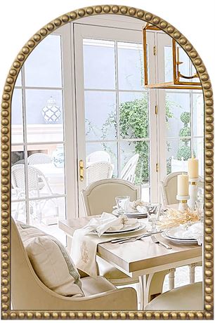 Beaded Frame Arch Wall Mirror, 24" X 36" Vintage Gold Bathroom Vantity Mirror,