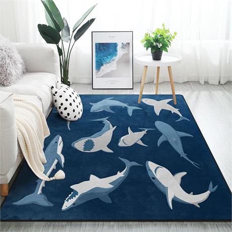 ALAZA Blue Cartoon Shark Print Area Rug Rugs for Living Room Bedroom 5'3"x4'