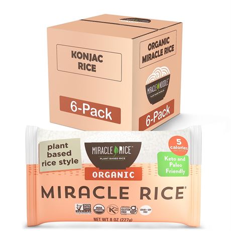 Miracle Noodle Organic Miracle Rice, 8 Oz (Pack of 6), Plant Based Shirataki
