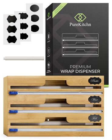 Bamboo Organizer For Foil, Plastic Wrap, Wax Paper - 3 in 1 Bamboo Plastic Wrap