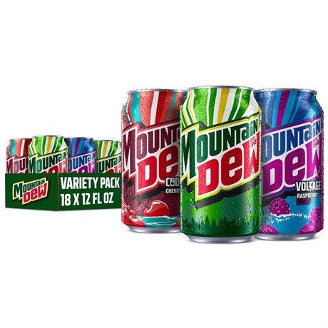 Mountain Dew Flavored Soda Pop Variety Pack, Original, Code Red, Voltage, 12