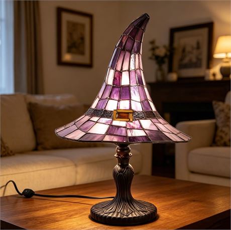 Stained Glass Witch Hat Lamp, Halloween Decoration Light USB Powered Resin