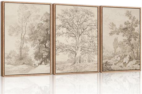 Ausril Vintage Sketchbook Forest Framed Canvas Wall Art Set, Neutral Minimalist