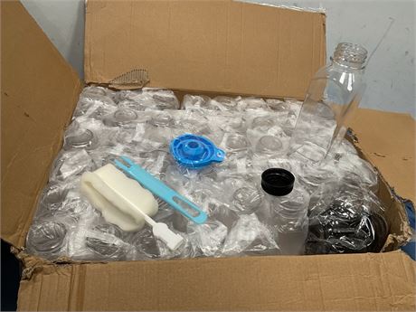 PLASTIC BOTTLES WITH CLEANING BRUSH ,LIDS,AND RUBBER SPOUT 48pcs.