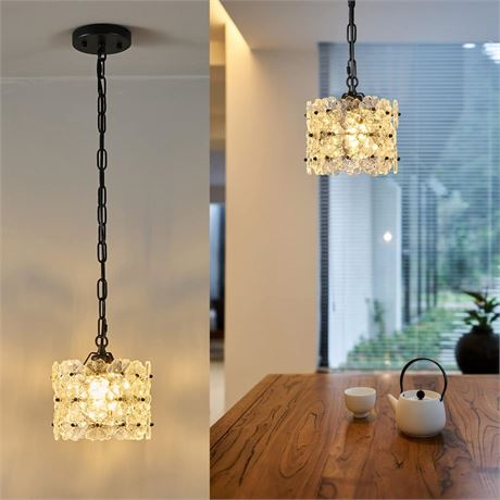 Glass Flower Pendant Light, Black Adjustable Hanging Ceiling Light Fixture