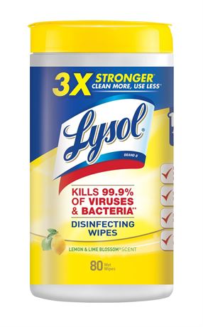 LYSOL 77182EA Lemon & Lime Blossom Sanitizing Wet Wipes, 7 X 8, 80/Canister