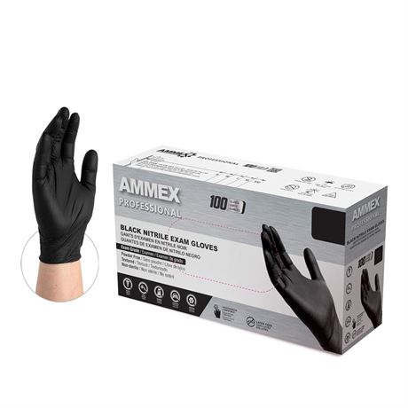 AMMEX Black Nitrile Disposable Exam Gloves, 3 Mil, Latex & Powder Free,