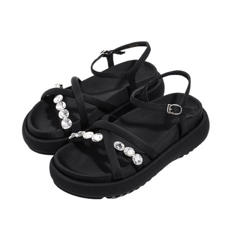 Women'S Rhinestone Chunky Platform Sandals With Buckles Fashionable Round Toe
