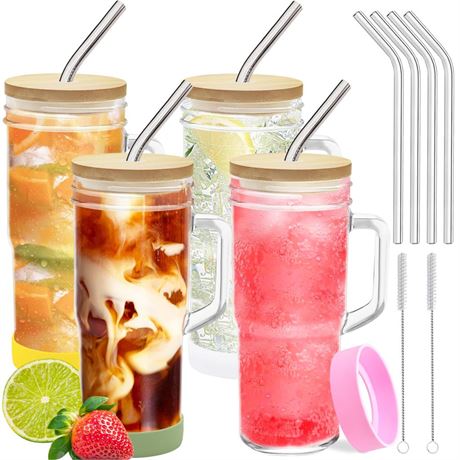 4-Pack 24oz Glass Tumbler Cups with Handle, Bamboo Lids, and Straws - Reusable