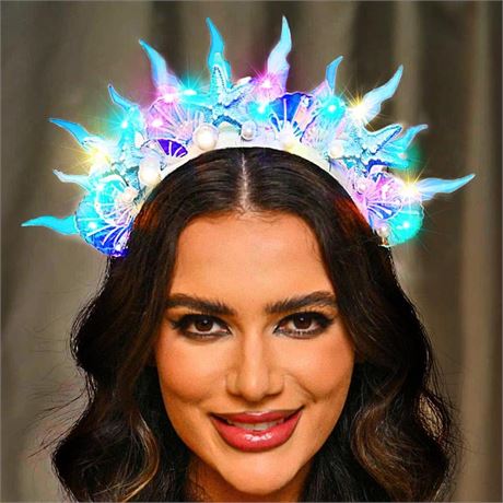 TWINKLEDE Light Up Mermaid Headband LED Blue Starfish Shell Pearls Headpiece