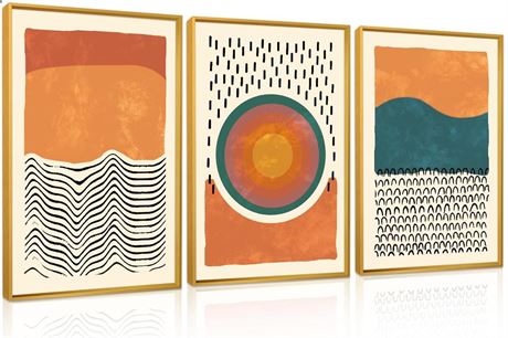 HPINUB Boho Abstract Framed Canvas Prints Wall Art Set, Mid-Century Color Block