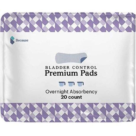 Because Premium Incontinence Pads for Women - Overnight Absorbency  20 Ct