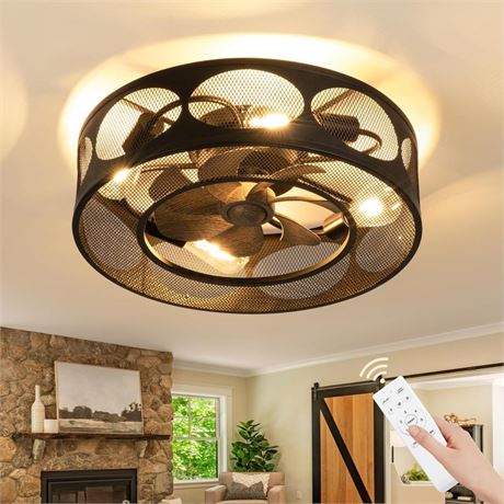 Caged Ceiling Fan with Light, 20" Flush Mount Ceiling Fan with Remote Control,