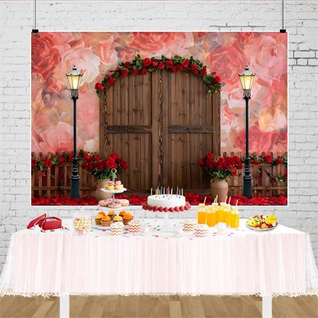 5x3ft Valentine Backdrop Rustic Wood Door and Red Rose Flower Decorate