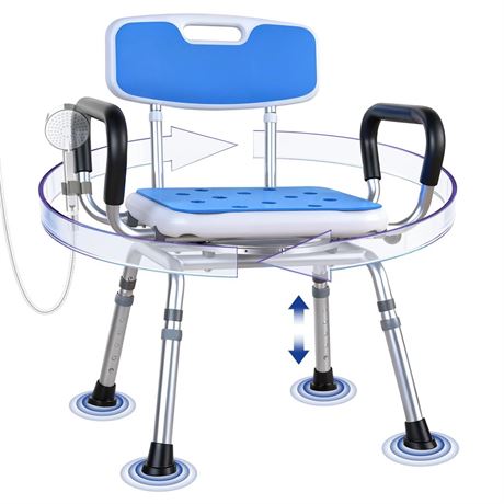 Deluxe Swivel Shower Chair with Arms & Back by CZMY, 360° Locking Seat, 5-Level