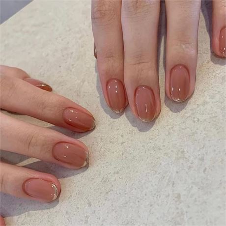 French Tip Press on Nails Round Shape Fake Nails Short Almond Press on Nails