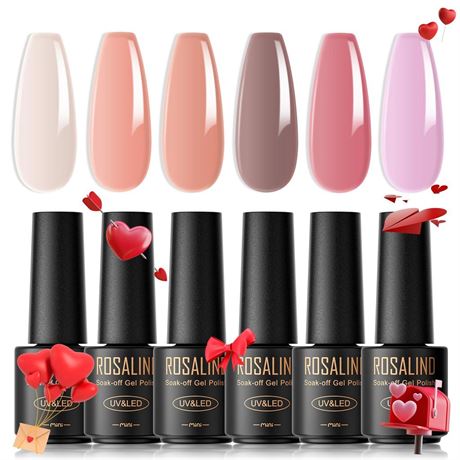 ROSALIND Jelly Gel Nail Polish Set, 6PCS Nude Pink Gel Polish Soak off Spring