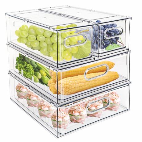 MineSign 4 pack Stackable Refrigerator Organizer Bins Pull-Out Drawers for
