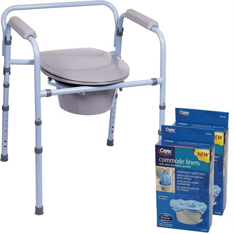 Carex 3-in-1 Folding Bedside Commode with 14 Pack Commode Liners - Porta Potty