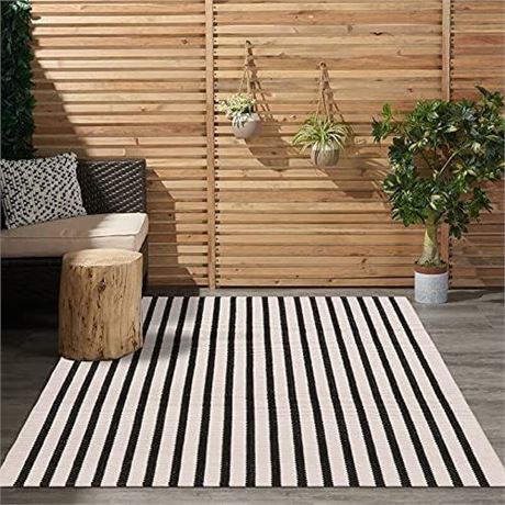 LEEVAN Black and White Striped Area Rug 3x5 ft Outdoor Patio Rugs Woven