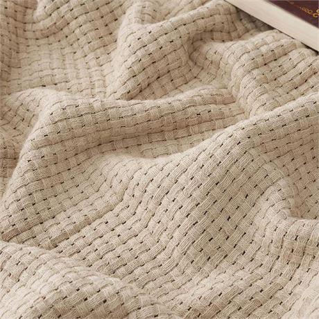 Bedsure 100% Cotton Blanket Queen Size for Bed - Soft Cozy Basket Woven Blanket