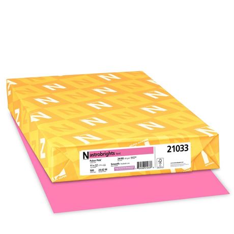 Neenah Astrobrights Color Paper, 11” x 17”, 24 lb/89 GSM, Pulsar Pink, 500