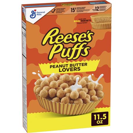 Reese's REESEâS PUFFS Peanut Butter Lovers Cereal, Made with REESEâS Peanut