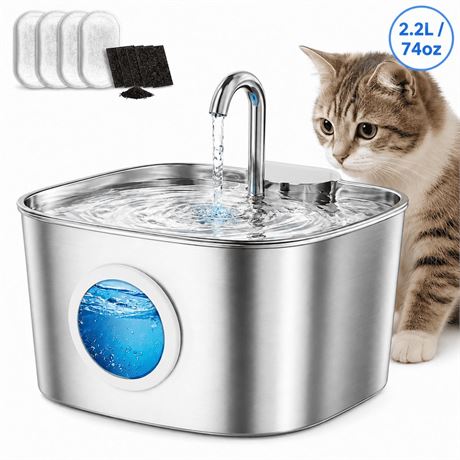 Cat Water Fountain Stainless Steel, YUWENUS 78oz/2.2L Pet Fountain with Water