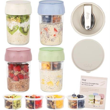 SOLIGT 4 Pack Overnight Oats Containers with Lids, Folding Spoons and Divided